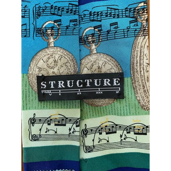 Structure Men Neck Tie All Silk Pocketwatch Musical Note Design Made in USA Blue - Picture 3 of 5